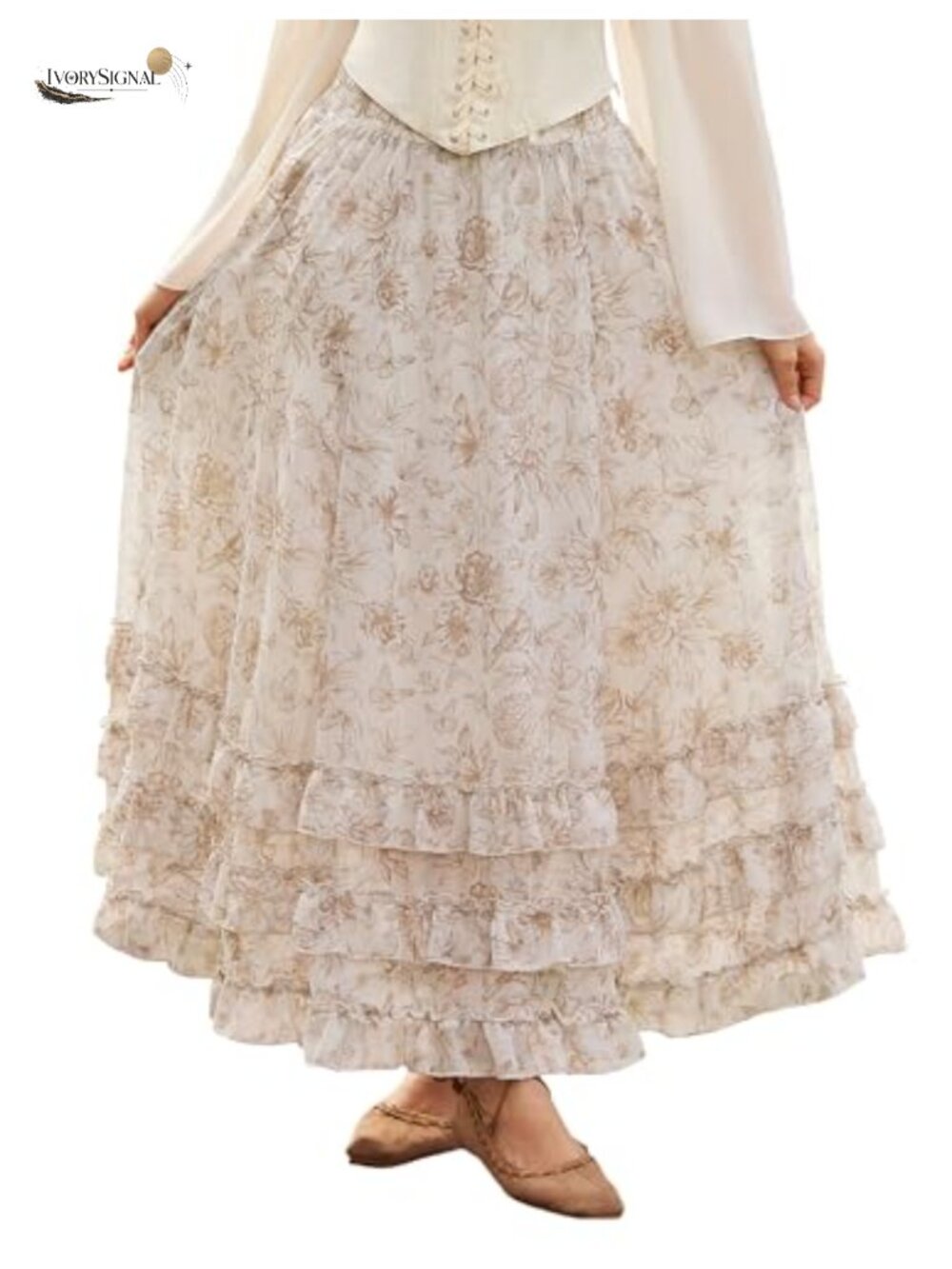 Women Floral Chiffon Maxi Skirt Ruffle Hem High Waist A-Line Long Skirt